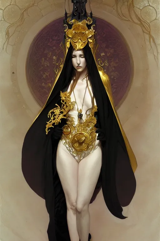 Prompt: Portrait of a Holy Necromancer, female, beautiful, golden robes, white pants, exquisite black accessories, golden corset, highly detailed, smooth, sharp focus, outlines, digital painting, illustration, fantasy, by Krenz Cushart and Artem Demura and alphonse mucha, artstation, cgsociety