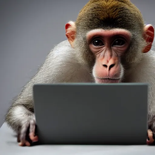 Prompt: award winning photo of a monkey curiously looking at a laptop. Studio photography