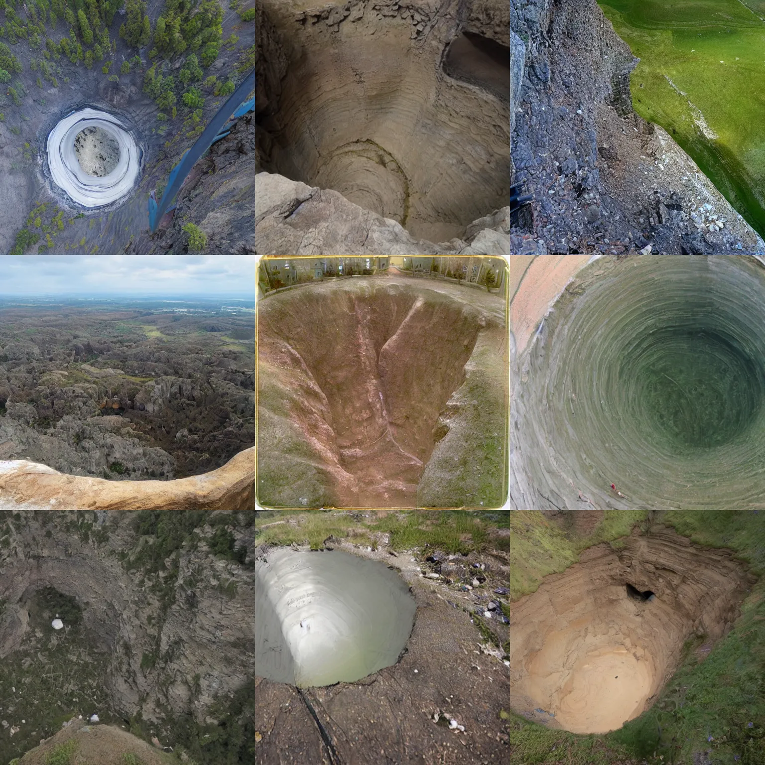 Prompt: height view looking down the bottom of a giant hole from the edge, ground camera