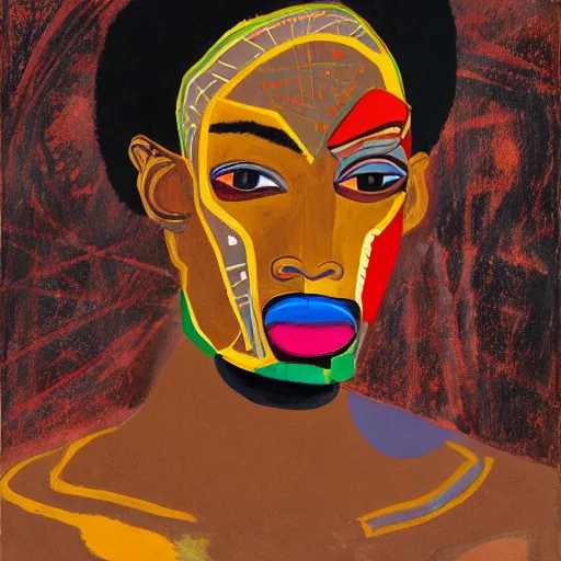 Prompt: a professionally painted african male model , clothed in ancient street wear, dark skin, red gold hair, beautiful bone structure, big symmetrical scar features, stunningly, beautiful, intricate, elegant, digital painting, smooth, sharp focus, illustration, made by, Jacob Lawrence, Sam Gilliam, Edmonia Lewis, Jean-Michel Basquiat, Henry Taylor