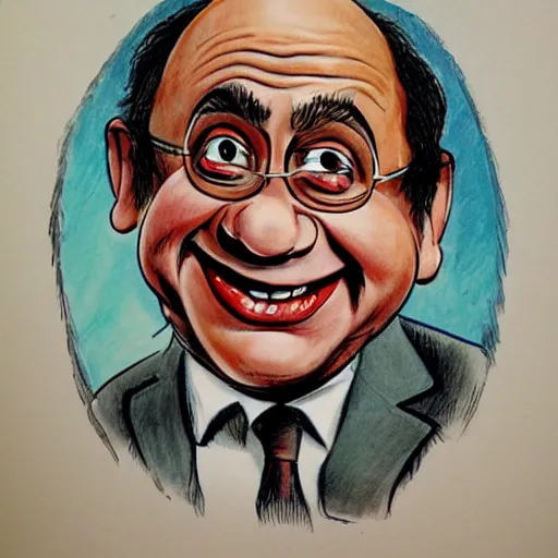 Image similar to a caricature portrait of Danny DeVito drawn by Mort Drucker Mad Magazine