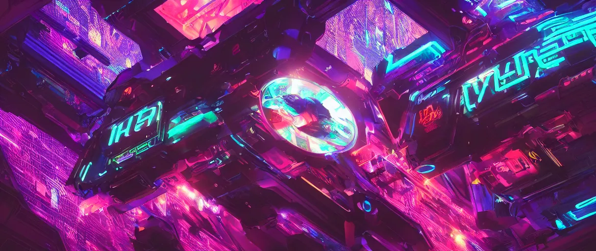 Image similar to cyberpunk holographic logo, futuristic, in the style of Pixar animation, low angle view, 16mm lens, award winning, hyper detailed, dramatic lighting, artstation, octane renderer, unreal engine