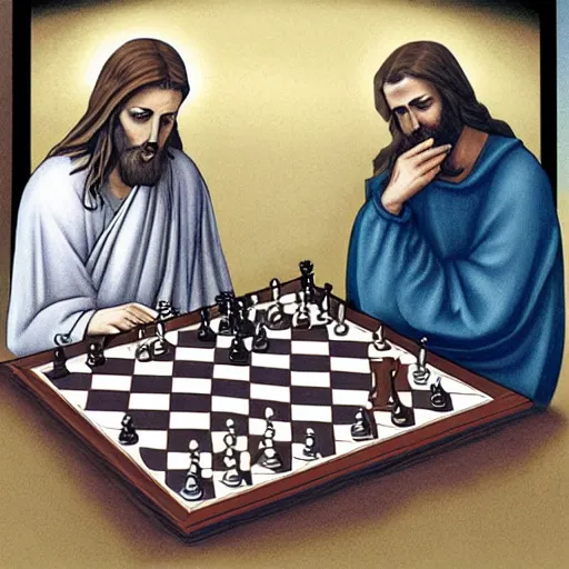 Image similar to the antichrist playing chess with jesus