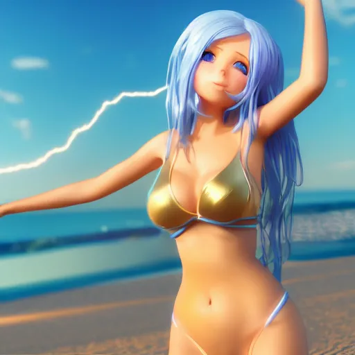 Image similar to Render of a very beautiful 3d anime girl, long sky blue hair, golden eyes, full round face, short smile, very beautiful see through azure bikini, golden hour, serene beach setting, cinematic lightning, medium shot, mid-shot, highly detailed, trending on Artstation, Unreal Engine 4k wallpaper