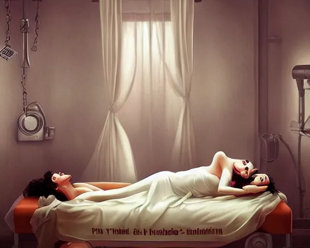 Image similar to phtorealistic modern pin up of the bride of frankenstein posing in a bed in the room of a sanatarium, full body, campy color scheme, realistic, center, smooth, detailed, aly fell, daniela uhlig