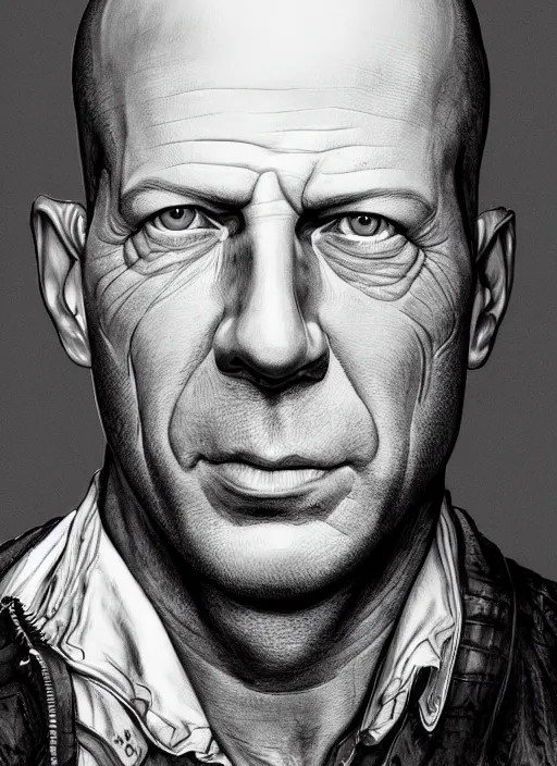 Prompt: highly detailed ink illustration of bruce willis, unreal engine, octane render, b & w clean shaped illustration by kim jung gi, ron english and eiichiro oda