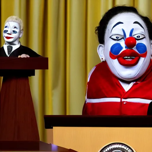 Image similar to string puppet of a president with clown makeup in a podium and a human shadow behind