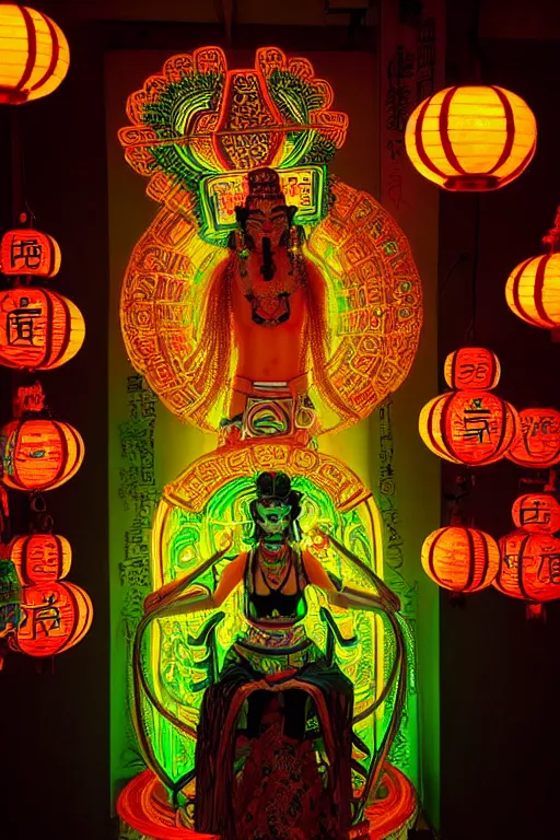 Image similar to a beautiful cyberpunk oriental deity, neon lanterns, intricate details, soft lighting, by warren louw,