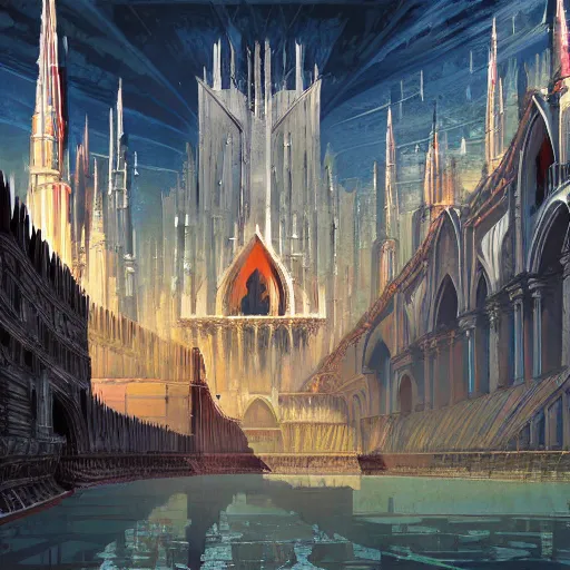 Image similar to A beautiful painting of Anor Londo by Mauro Belfiore, bright colors and bold lines, geometric shapes and patterns, distinctively modern look.