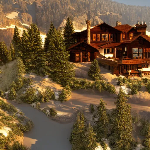 Image similar to montana alpine landscape with modern style mansions scattered on the mountainsides, photo realism, dramatic lighting, from a dream, high quality digital art, unreal engine