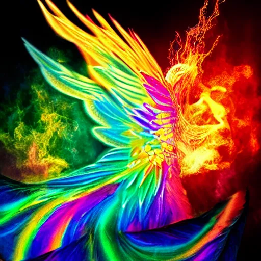 Image similar to prismatic phoenix bursting into rainbow flames, realistic fantasy photography
