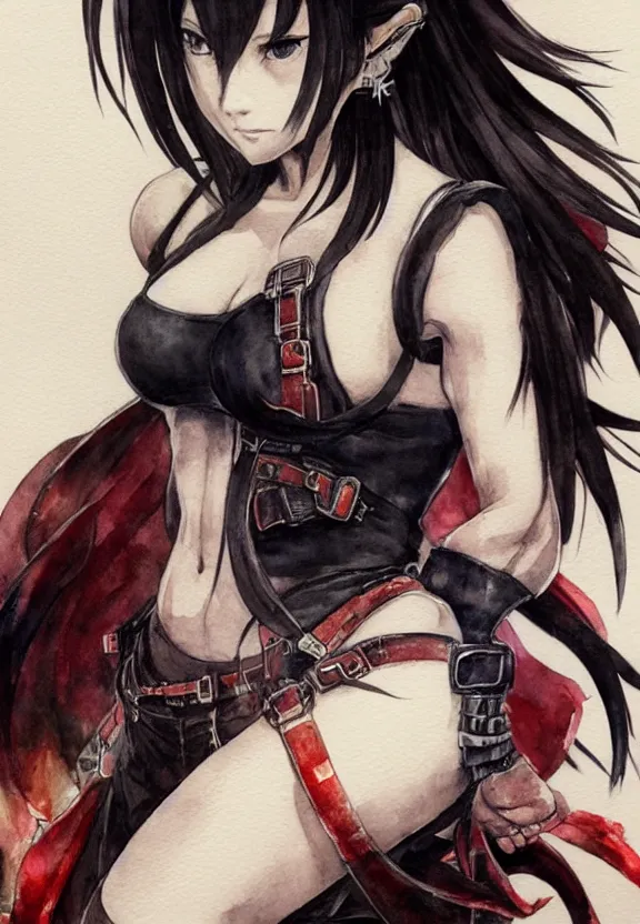 Image similar to tifa lockhart, watercolor painting, full - body, ukiyo - e, nouveau, concept art, 8 0's fantasy art, yoshitaka amano, highly detailed, intricate, trending on artstation, award - winning