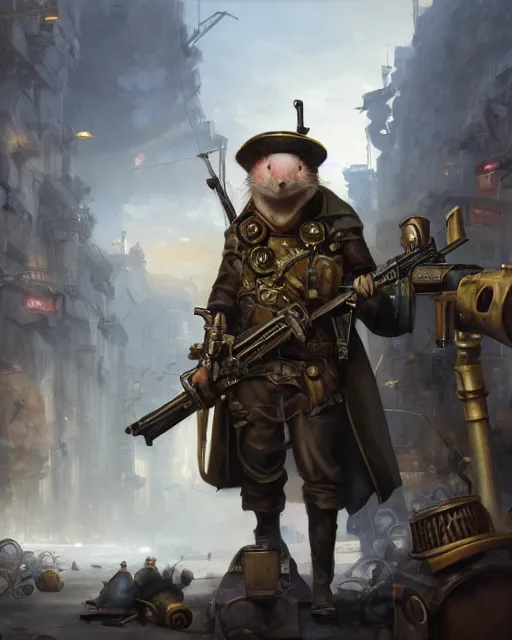 Prompt: oil painting of anthropomorphized hamster legion holding rifles, steampunk clothes, steampunk city background, sharp focus, fantasy style, octane render, volumetric lighting, 8k high definition, by greg rutkowski, highly detailed, trending on art Station, dungeons and dragons artwork, centered