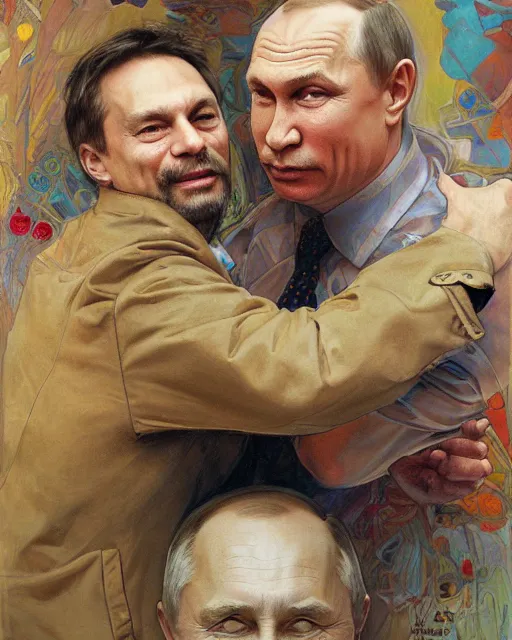Prompt: portrait of Putin and Viktor orban kissing by Mandy Jurgens and Richard Schmid and chuck close and mucha