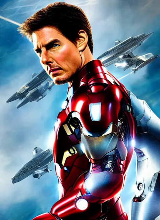 Image similar to tom cruise as ironman, in marvel movie, hipher realistic photography.