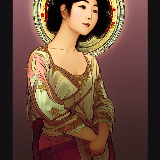 Image similar to a portrait of a very beautiful Asian goddess with halo behind her head, in the style of WLOP and Alphonse Mucha and Ross Tran, facing the camera, dramatic lighting