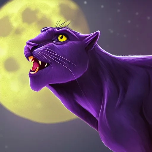 Image similar to a purple panther roaring at the moon in a forest during the night, large moon in the center. trending on artstation. cinematic. photoreal. dark colors. night.