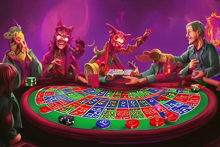 Image similar to interdimensional demons gambling over the wages of human souls in an afterlife casino, digital artwork, trending on artstation