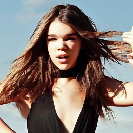 Image similar to hailee steinfeld with her arms above her head posing for a photoshoot, professional modeling photography