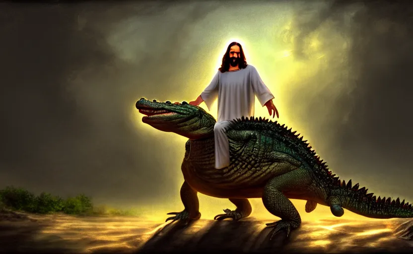 Image similar to jesus rides an aligator, cinematic, fantasy, hyper detailed, digital painting, 4 k realistic, trending on artstation, sharp focus, john banovich, photographer art wolfe, light source on left