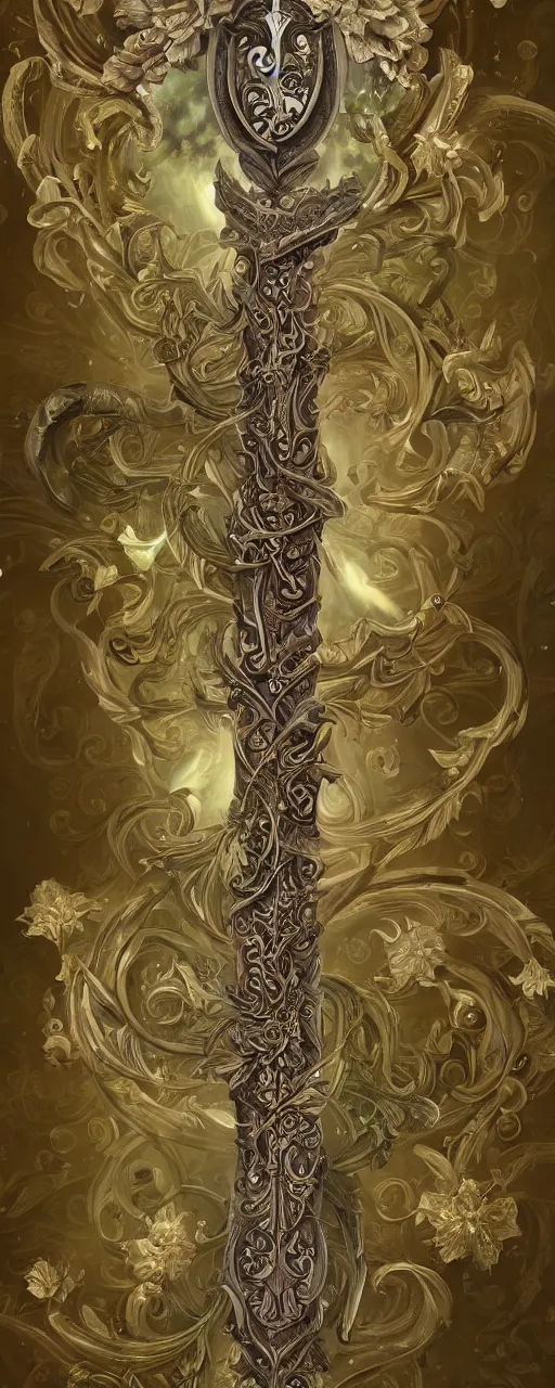 Image similar to beautiful fantasy giant sword carved with decorative ornament, acanthus scrolls, lilies, ivy, energy, geometry, bones, petals, stems, ceremonial clouds, dripping paint, fibonacci rhythm, artstation, artgerm, wlop, symmetric ornaments