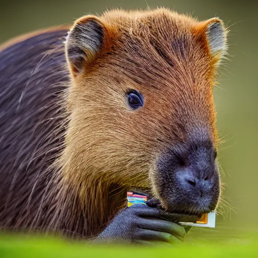 Image similar to cute capybara eating a nvidia gpu with cooling fans, chewing on a graphic card, wildlife photography, bokeh, sharp focus, 3 5 mm, taken by sony a 7 r, 4 k, award winning