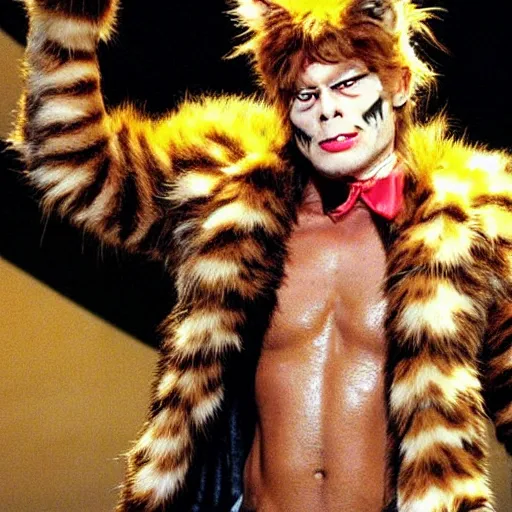 Image similar to 📷 john partridge playing rum tum tugger, spike collar, fluffy neck, cats the musical 🎶, 1 9 9 8 version, professional cat - like makeup, stunning choreography and lighting