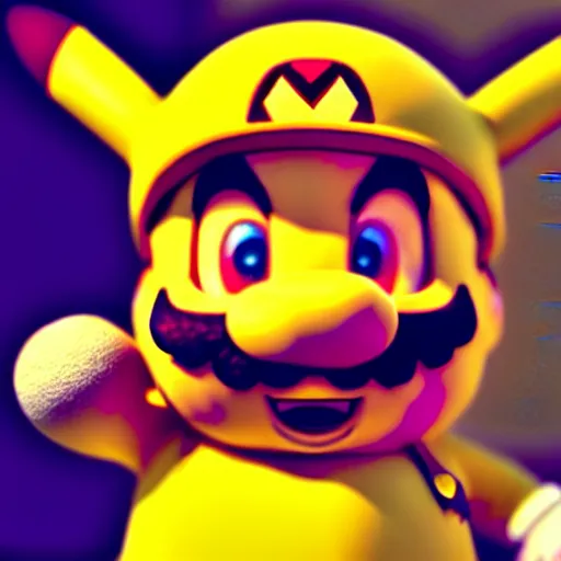 Image similar to super mario as pikachu, highly detailed, extremely high quality, hd, 4 k, 8 k, canon 3 0 0 mm, professional photographer, 4 0 mp, lifelike, top - rated, award winning, realistic, detailed lighting, detailed shadows, sharp, no blur, edited, corrected, trending
