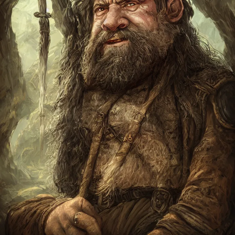 Image similar to dwarf in mountains, lord of the rings style, fantasy, poster, character portrait, portrait, close up, concept art, intricate details, highly detailed, full body, 8 k, detailed face, body