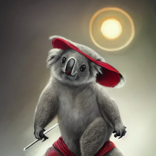 Prompt: an elegant koala dressed in a crimson - black shinobi outfit, digital art by łukasz piskorz and patrick mcenvoy and michael komarck, intricate, highly detailed, artstation, concept art, smooth, sharp focus vector