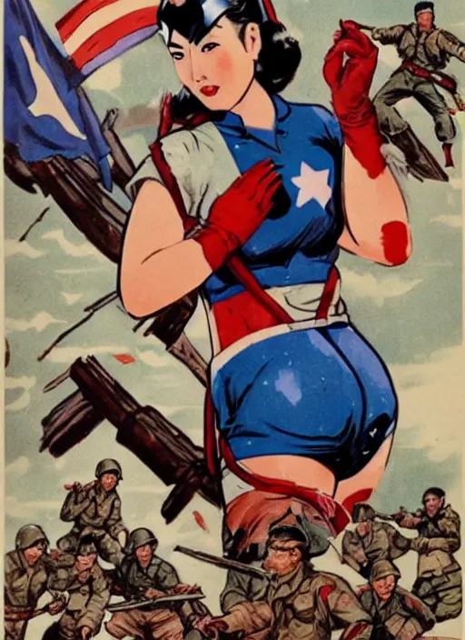 Image similar to beautiful asian female captain america standing on a pile of defeated, beaten and broken german soldiers. feminist captain america wins wwii. american wwii propaganda poster by james gurney. gorgeous face. overwatch