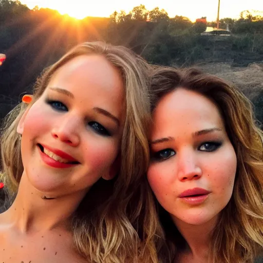 Prompt: Selfie photograph of Jennifer Lawrence and Jennifer Lawrence, golden hour, 8k,