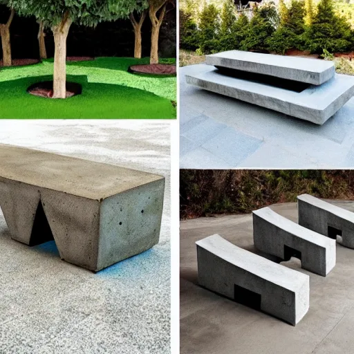 Image similar to creative concrete benches, colorful, olive trees