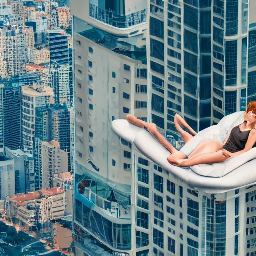 Prompt: a woman sitting on a flying bed, she is looking down on the buildings far below her, uhd, 8k, dreamy, photo, hyper detailed,