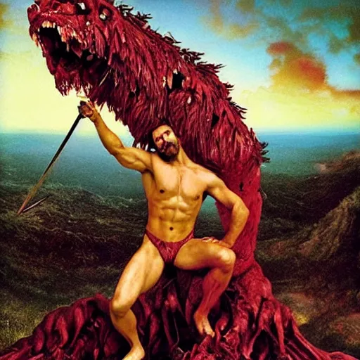 Image similar to balmy by david lachapelle vignetting. a experimental art of hercules after he has completed one of his twelve labors, the killing of the hydra. he is standing over the dead hydra, covered in blood clutching a sword that slew the beast. his face is expressionless.