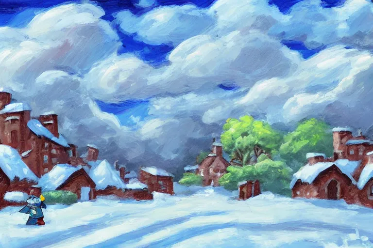 Prompt: snowy Landscape and a village in the background in the style of Pokemon Sword and shild