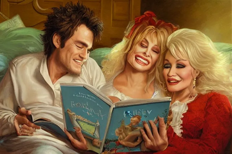 Image similar to portrait of dolly parton reading a bedtime story to jim carrey in bed, an oil painting by ross tran and thomas kincade