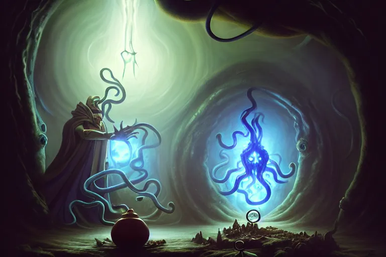 Prompt: dark magician conjures over a vat with a potion, location of a dark old house, a monster with tentacles climbs out of the door, peter mohrbacher style, ray tracing, cinematic, digital art, realistic,