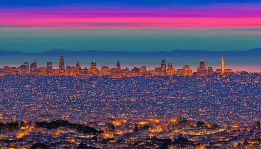 Prompt: sunset over the san francisco bay area by lisa frank