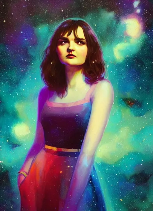 Image similar to full - length portrait of lauren mayberry, standing in front of a colorful starry galaxy, detailed face, fantasy, cinematic lighting, digital art painting, fine details by realistic shaded lighting poster by ilya kuvshinov katsuhiro otomo, magali villeneuve, artgerm, jeremy lipkin and michael garmash and rob rey