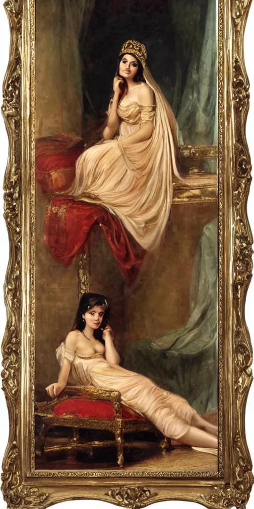 Image similar to romantic period style highly atmospheric oil painting of a beautiful middle eastern princess lounging on a chair, wearing a golden veil