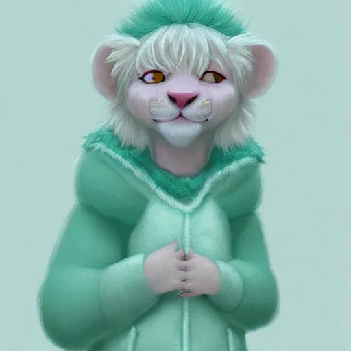 Image similar to aesthetic portrait commission of an albino male furry anthro lion wearing a cute mint colored, cozy, soft pastel winter outfit. winter atmosphere character design by mandy jurgens, irina french, heraldo ortega, rachel walpole, jeszika le vye, and dan volbert.