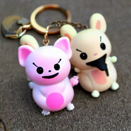 Prompt: some cute plastic toys that look like animal characters hanging from a backpack on a keychain, white, cream, and light pink