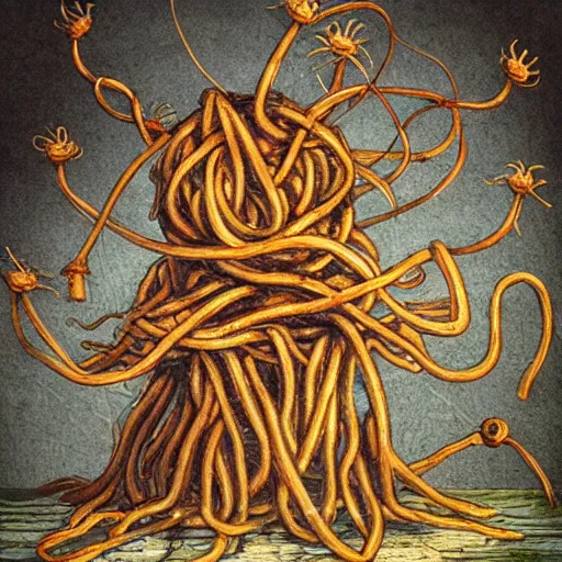 Image similar to worshipping the flying spaghetti monster