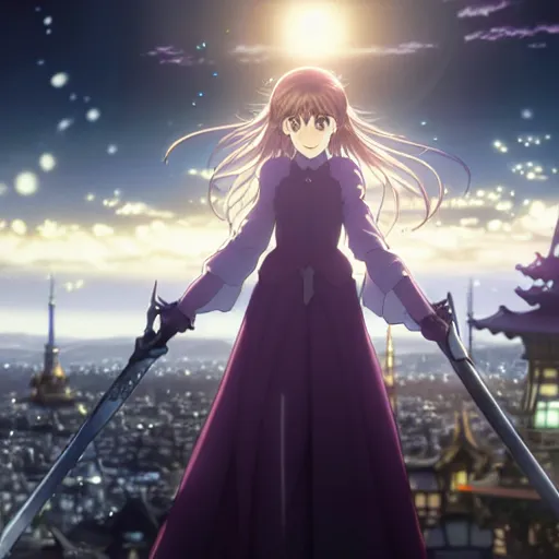 Image similar to medium portrait emma watson in heavens feel movie, detailed face, violet evergarden, tokyo, ufotable, key visual, cinematic, city background, night time, street, fate stay night, unlimited blade works, greg rutkowski, high resolution, street clothes, anime, high budget