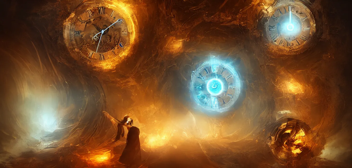 Image similar to the master of time controlling the flow of time by using his magical clock artifact, cinematic composition, epic colors, detailed, warm lighting, volumetric, beautiful, trending on artstation, art claudiu - antoniu magherusan