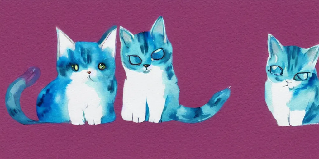 Prompt: watercolor illustration style, cute cats with blue wings, white background