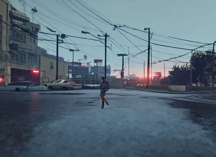 Image similar to still next - gen ps 5 game grand theft auto 6 2 0 2 4 remaster, graphics mods, rain, red sunset, people, rtx reflections, gta vi, moscow, soviet apartment buildings, photorealistic screenshot, unreal engine, 4 k, 5 0 mm bokeh, close - up old lada, gta vice city remastered, artstation