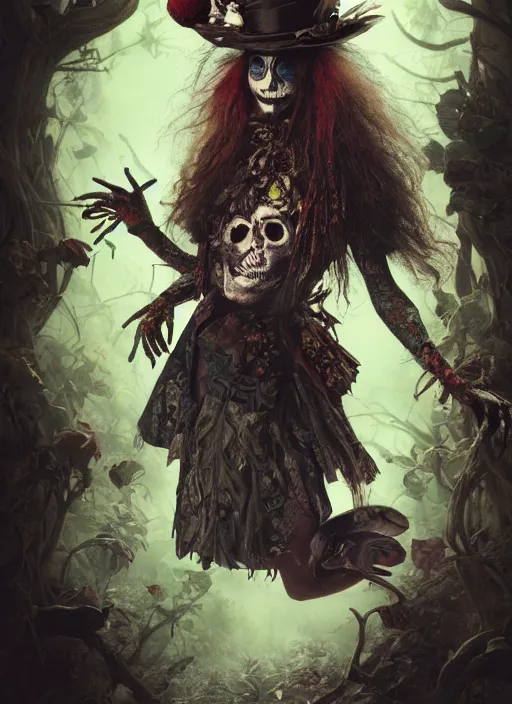 Prompt: Alice in Wonderland Mad Hatter Death Tarot card,highly detailed,half skull face,cinematic,8k,by Stanley Artgermm,Tom Bagshaw,Greg Rutkowski,Carne Griffiths, Ayami Kojima, Beksinski, Giger,Anne Stokes, Benjamin Lacombe,trending on DeviantArt,hyper detailed,horror, full of colour