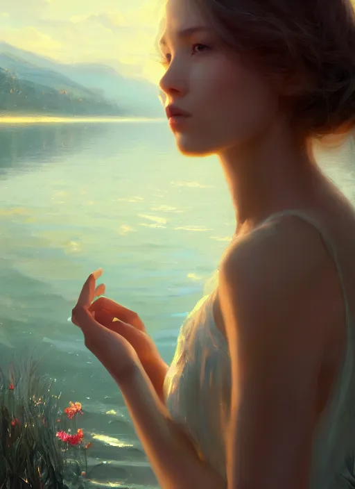 Prompt: cinematic shot of an epic portrait of a gentle girl by the lake, shiny skin, beautiful eyes, beautiful, small details, night setting, realistic poster with volumetric light from craig mallism, artgerm, jeremy lipkin and michael garmash, unreal engine, radiant light, detailed and complex environment, digital art, trends at art station